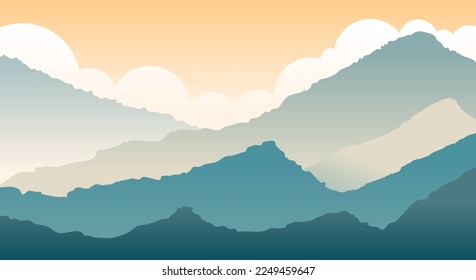Natural scenery with silhouettes of hills, mountains and sky with clouds landscape vectors and ilustrations