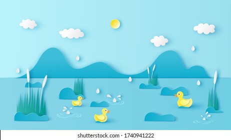 Natural scenery in Summer with drizzle and yellow ducks swimming in the river. paper cut and craft style. vector, illustration.