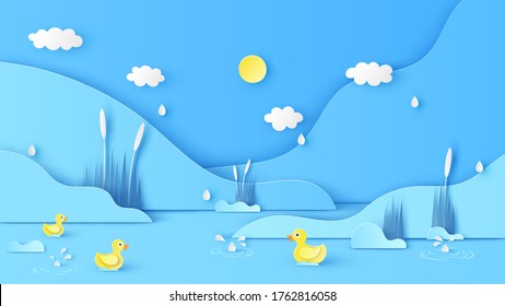 Natural scenery in Summer with drizzle and yellow ducks swimming in the river. Paper cut and craft style. vector, illustration.