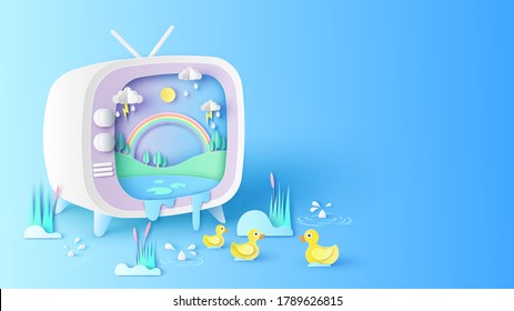 Natural scenery in Summer and rainy season with yellow ducks swimming in the river inside retro television screen. Design retro television. paper cut and craft style. vector, illustration.