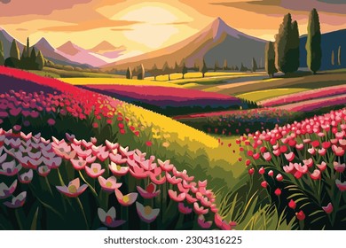 Natural scenery in summer there are a variety of beautiful trees, flower, gress, and mountain