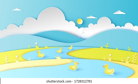 Natural scenery in summer with yellow ducks swimming in the river. paper cut and craft style. vector, illustration.