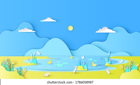 Natural scenery in summer with yellow ducks swimming in the river and rabbit on meadow. Swamp scenery. paper cut and craft style. vector, illustration.