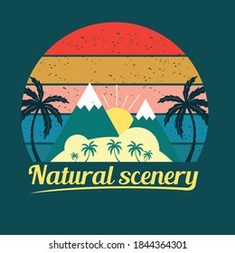 Natural scenery T-shirt design ,Hill, Sun, tree, Sky