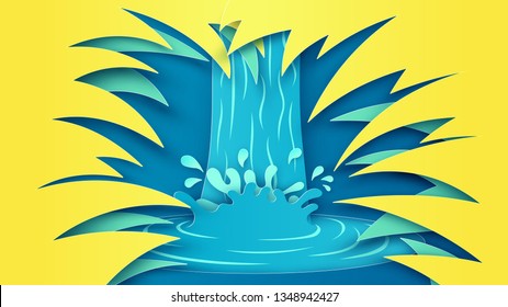 Natural scenery of waterfall in the tropical rainforest. Graphic design for tropical rainforest. paper cut and craft style. vector, illustration.