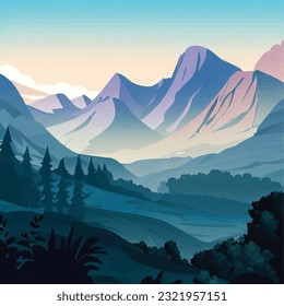 montaña panorámica natural, árboles de bosque ilustración de la vista del día