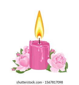 Natural scented Candle with Rose isolated on white background. Vector illustration of burning candle and pink rose flower in cartoon flat style. Concept of relaxation, aromatherapy, romance.