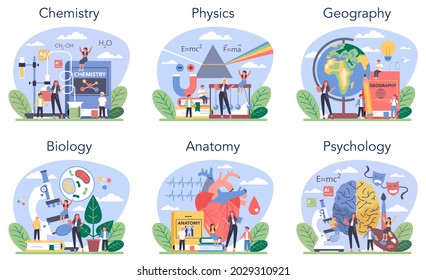 Natural school subject or educational class set. Student studying natural science. Biology, chemistry, physics, geography. Modern school education system. Isolated flat vector illustration