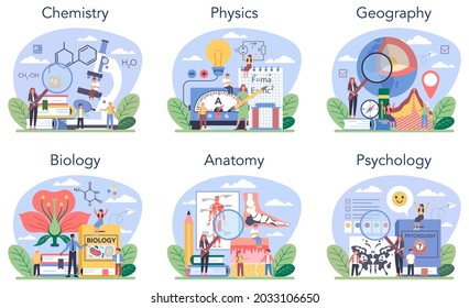 Natural school subject or educational class set. Student studying natural science. Biology, chemistry, physics, geography. Modern school education system. Isolated flat vector illustration