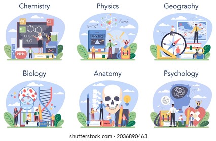 Natural school subject or educational class set. Student studying natural science. Biology, chemistry, physics, geography. Modern school education system. Isolated flat vector illustration