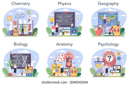 Natural school subject or educational class set. Student studying natural science. Biology, chemistry, physics, geography. Modern school education system. Isolated flat vector illustration