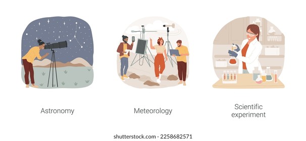 Natural science hobbies isolated cartoon vector illustration set. Study astronomy, watch stars through telescope, meteorology as hobby, predict weather, do scientific experiment vector cartoon.