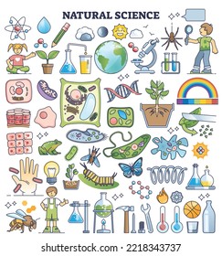 Natural science kids elements with biology subjects outline collection set. Young nature explorer and scientific research items for class experiments and knowledge development vector illustration.