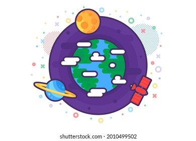 Natural science researching planet icon vector. Environment and ecology earth sphere research with satellite. Global warming and universe research concept linear pictogram. contour illustration