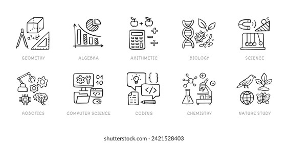 Natural sciences doodle icon set. School subjects - geometry, math, biology, chemistry, computer education line hand drawn pictograms