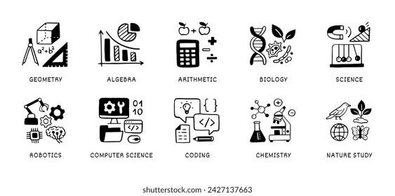 Natural sciences doodle icon set. School subjects - geometry, math, biology, chemistry, computer education line hand drawn illustration