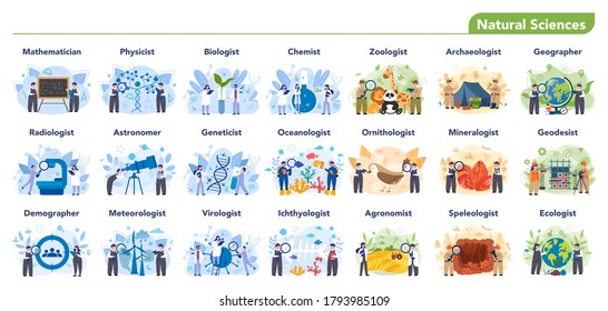 Natural scientist profession set illustration. Idea of scientific research and innovation. Study biology, chemistry, physics and other subjects at the university. Isolated flat illustration