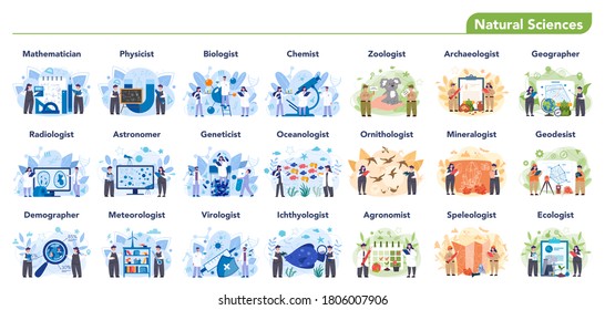 Natural scientist profession set illustration. Idea of scientific research and innovation. Study biology, chemistry, physics and other subjects at the university. Isolated flat illustration