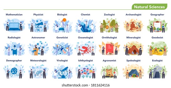 Natural scientist profession set illustration. Idea of scientific research and innovation. Study biology, chemistry, physics and other subjects at the university. Isolated flat illustration