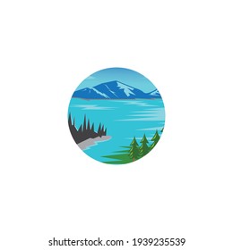 natural sea  and mountain view, small circle illustration with color