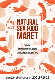 Natural seafood market banner design wuth space for text. Fresh tasty seafood, shrimps vector hand drawn illustration. Set of colorful sea products for restaurant or marine cafe banner design.