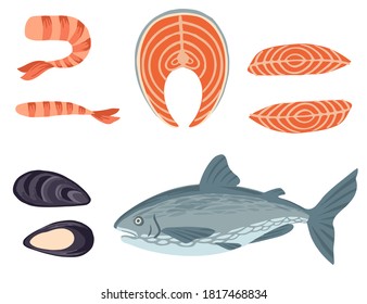 Natural seafood set whole fish mussels shrimp and salmon steak marine cuisine restaurant menu design elements flat vector illustration isolated on white background