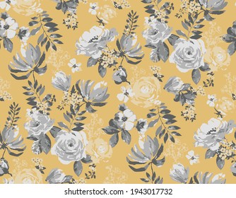 Natural seamless abstract vintage pattern. Roses flower and blossoms, with small flower elements. Fabric texture print. grey floral and leaves on a yellow background,