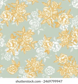 Natural seamless abstract vintage pattern. Roses flower and blossoms, with small flower elements on pastel green background.