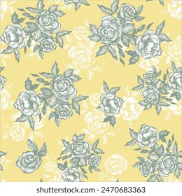 Natural seamless abstract vintage pattern. Roses flower and blossoms, with small flower elements on yellow background.