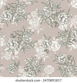 Patrón vintage abstracto sin costuras natural. Flor de rosas y flores, con Pequeños Elementos de flores sobre fondo gris.