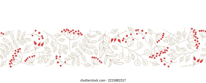 Frontera natural sin fisuras con bayas y ramas rojas. Vector de invierno horizontal floral Diseño para papel de pared, envoltura, scrapbooking, fabricación. Feliz Navidad, Feliz Año Nuevo.