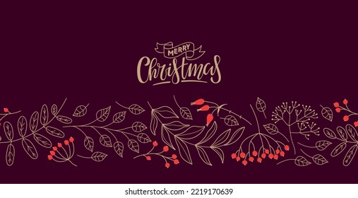 Natural seamless border with red Berries, twigs, merry christmas calligraphy lettering. Floral winter vector Design for wallpaper, wrapping, scrapbooking, manufacturing. Christmas Repeated background