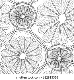 Natural seamless calming pattern with citrus. Hand-drawn doodling black and white background. Vector illustration.