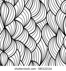 Natural seamless calming pattern. Hand-drawn curved doodling black and white background. Vector illustration.