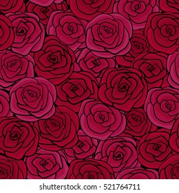 Natural Seamless floral pattern of red roses in different shades, painted black outline. Hand drawn vector illustration.