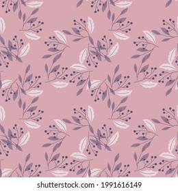 Natural seamless patetrn with vintage random berry leaf elements print. Lilac and purple pastel colors print. Great for fabric design, textile print, wrapping, cover. Vector illustration.