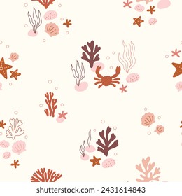 Natural seamless pattern with aquatic creatures, undersea flora and fauna, sea or ocean life. Undersea backdrop with coral, algae, starfish, crab, shells. Flat vector illustration