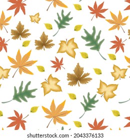 Natural seamless pattern with autumn fallen leaves of forest trees on white background. Autumn card wrapper seasonal vector illustration for wrapping paper, wallpaper, fabric print.  