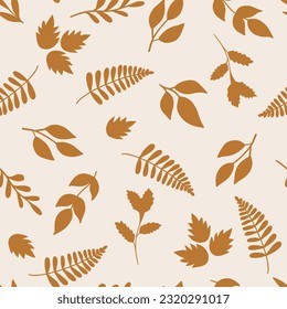 Natural seamless pattern with autumn fallen leaves of forest trees. Bright colored botanical seasonal vector illustration in flat style for wrapping paper, wallpaper, fabric print.