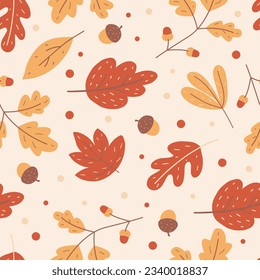 Natural seamless pattern with autumn fallen leaves of forest trees. Bright colored botanical seasonal vector illustration in flat style for wrapping paper, wallpaper, fabric print.