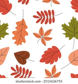 Natural seamless pattern with autumn fallen leaves of forest trees on white background. Bright colored botanical seasonal illustration in flat style for wrapping paper, wallpaper, fabric print.