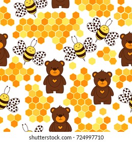 Natural seamless pattern with bees, bears and honeycomb. Vector background with cute animal. 