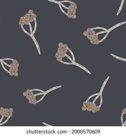 Natural seamless pattern with beige random yarrow flowers shapes. Navy blue pale background. Simple style. Graphic design for wrapping paper and fabric textures. Vector Illustration.