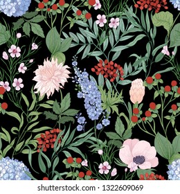 Natural seamless pattern with blooming wildflowers on black background. Botanical backdrop with wild flowers and flowering plants. Romantic realistic vector illustration in elegant antique style.