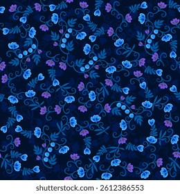 Natural seamless pattern with blue and lilac flowers, branches, buds and berries in folk style on a black and dark blue background.