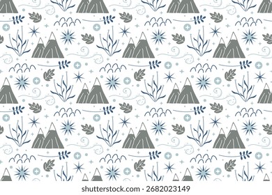 Natural seamless pattern. Christmas, winter holidays. Gray mountains with snow covered peaks, rare plants, snowflakes. Flat vector design. For wallpapers, textiles, packaging, backgrounds or websites.