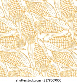 Natural seamless pattern with cobs of sweet corn hand drawn with contour lines on light background. Monochrome backdrop with corncobs. Vector illustration for textile print. wrapping paper, wallpaper