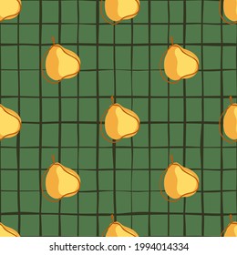 Natural seamless pattern with contoured orange pear ornament. Green chequered background. Designed for fabric design, textile print, wrapping, cover. Vector illustration.