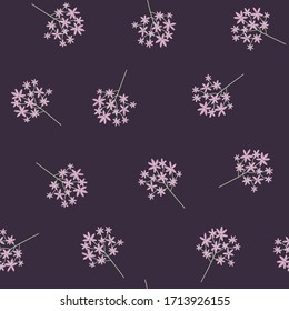 Natural seamless pattern with cute flower branches on dark purple background. Hand-draw stylized backdrop for textile, wrapping paper, background flat design.