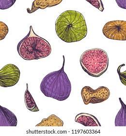 Natural seamless pattern with delicious fresh and dried figs. Backdrop with tasty sweet fruit on white background. Colorful realistic vector illustration fro wrapping paper, textile print, wallpaper.